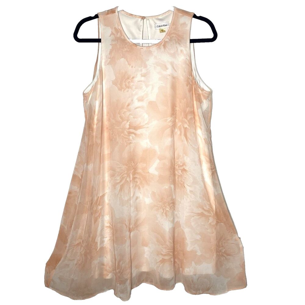 Calvin Klein Sleeveless Dress Womens 12 Floral Sheer Overlay Wedding Pink White
